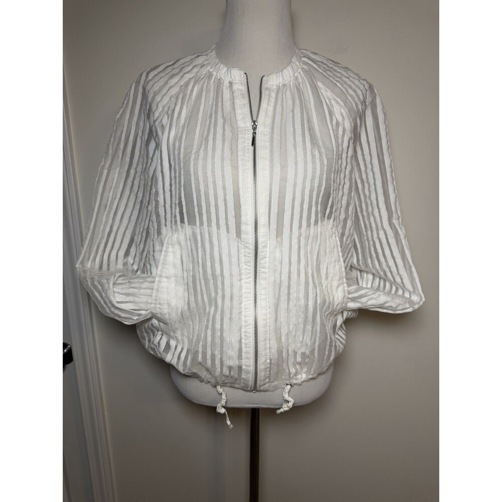 Zara Basic Sheer Striped Off White Zip Jacket Women’s Large Y2K Contemporary - Picture 3 of 7